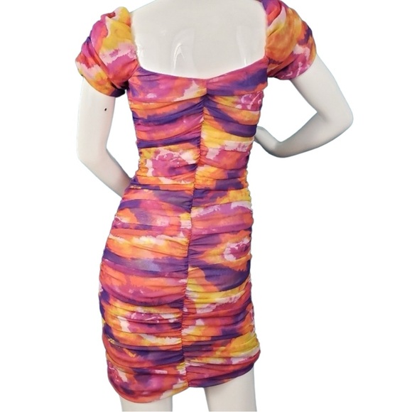 Urban Outfitters UO Tie Dye Rouched Mini Dress Puff Sleeves New Size S - Picture 12 of 15